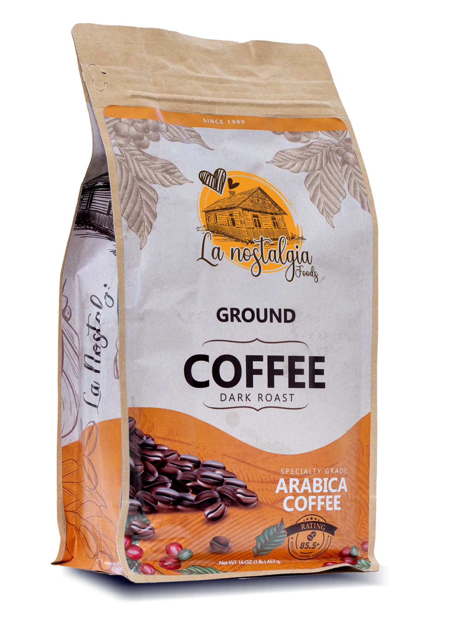A bag of ground coffee is on a white background.