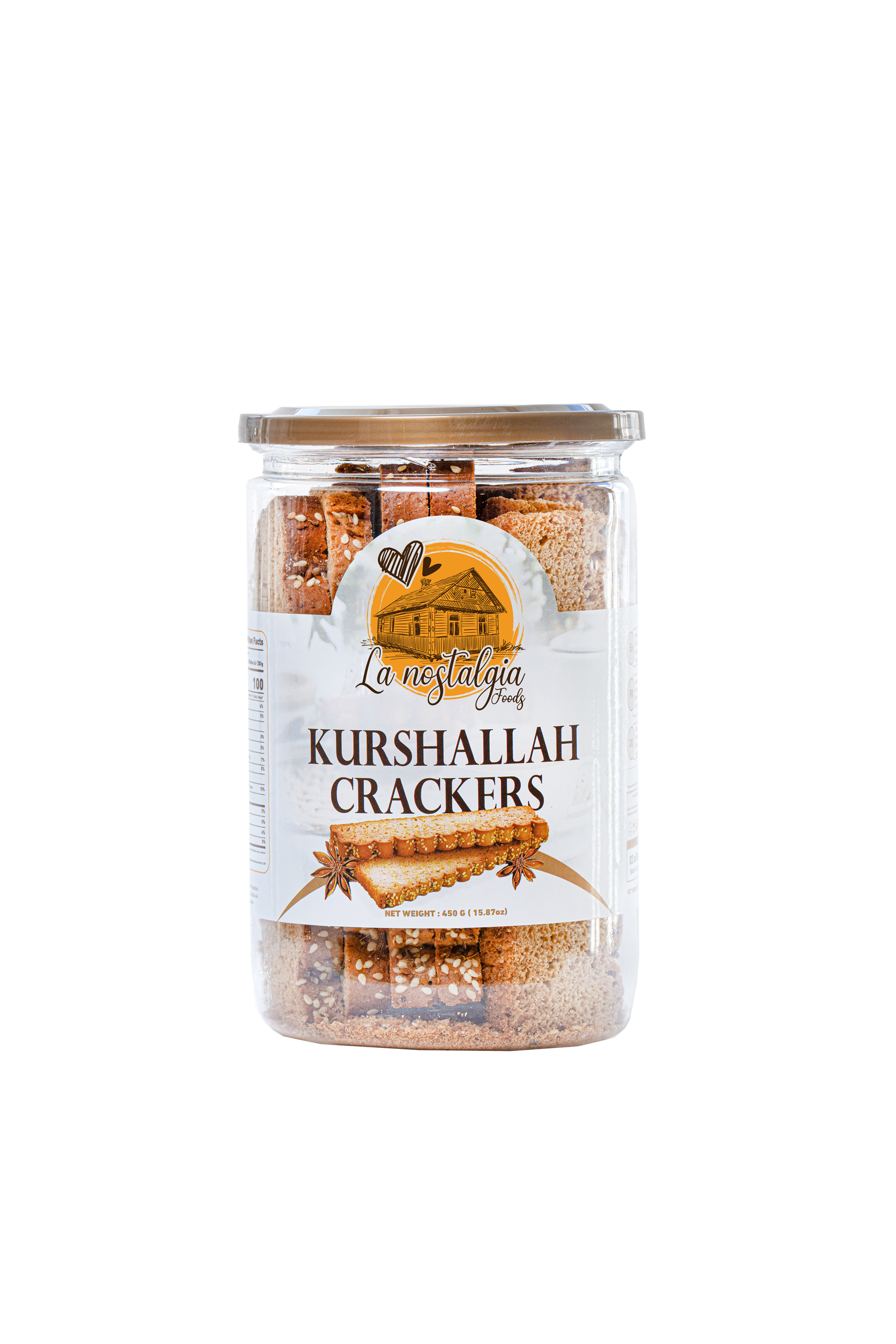 A glass jar filled with crackers on a white background.