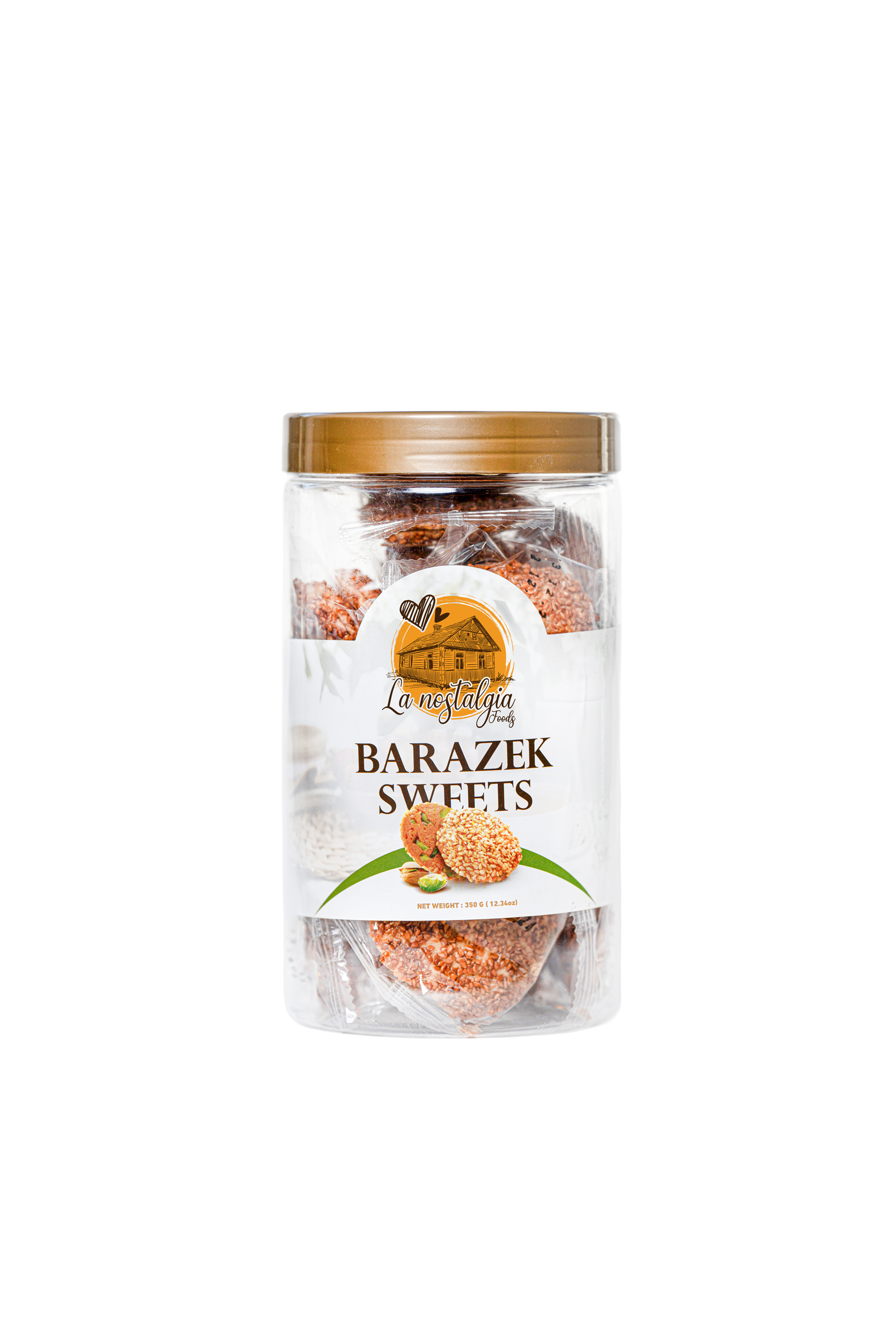 A glass jar filled with nuts on a white background.