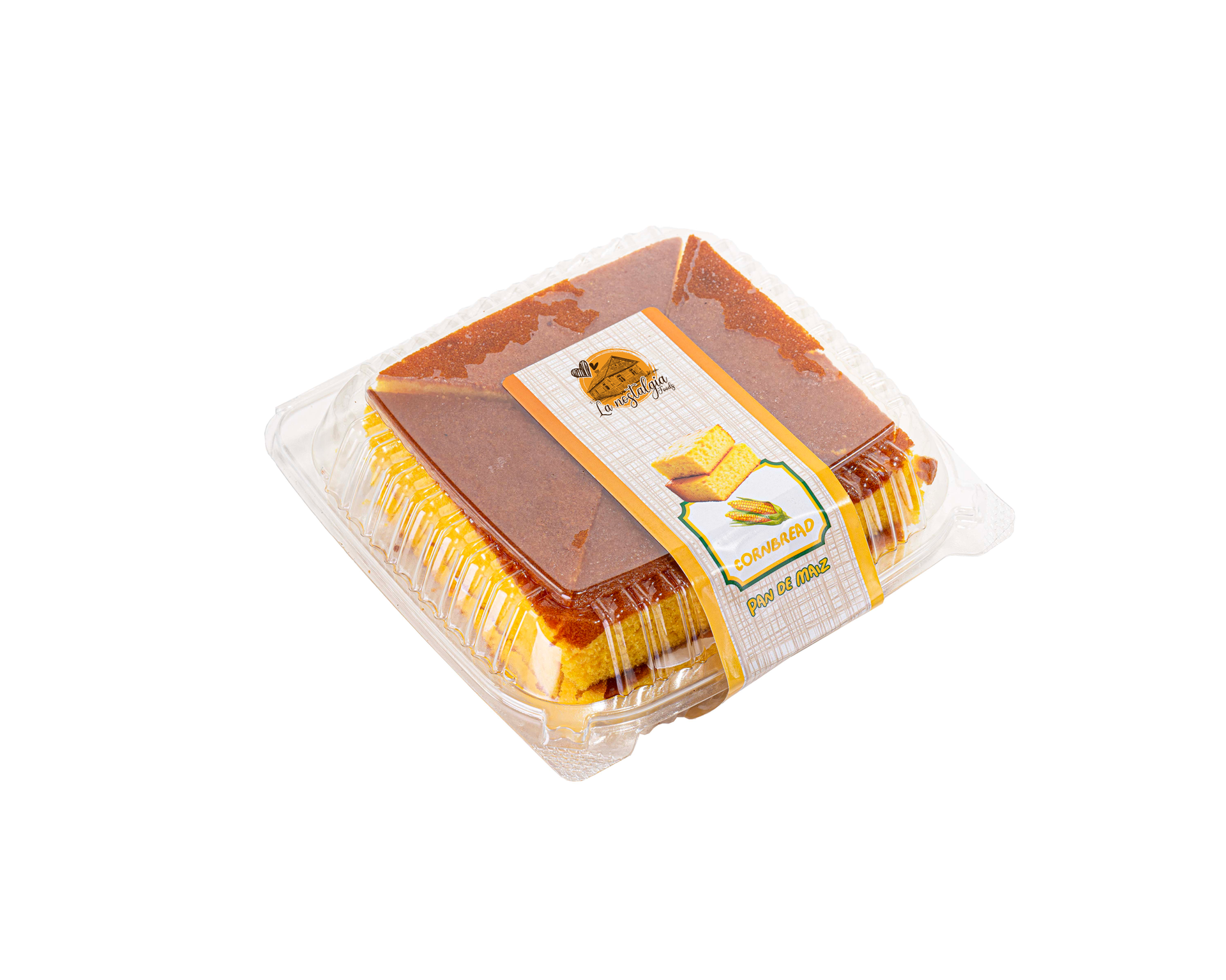A piece of cake in a plastic container on a white background