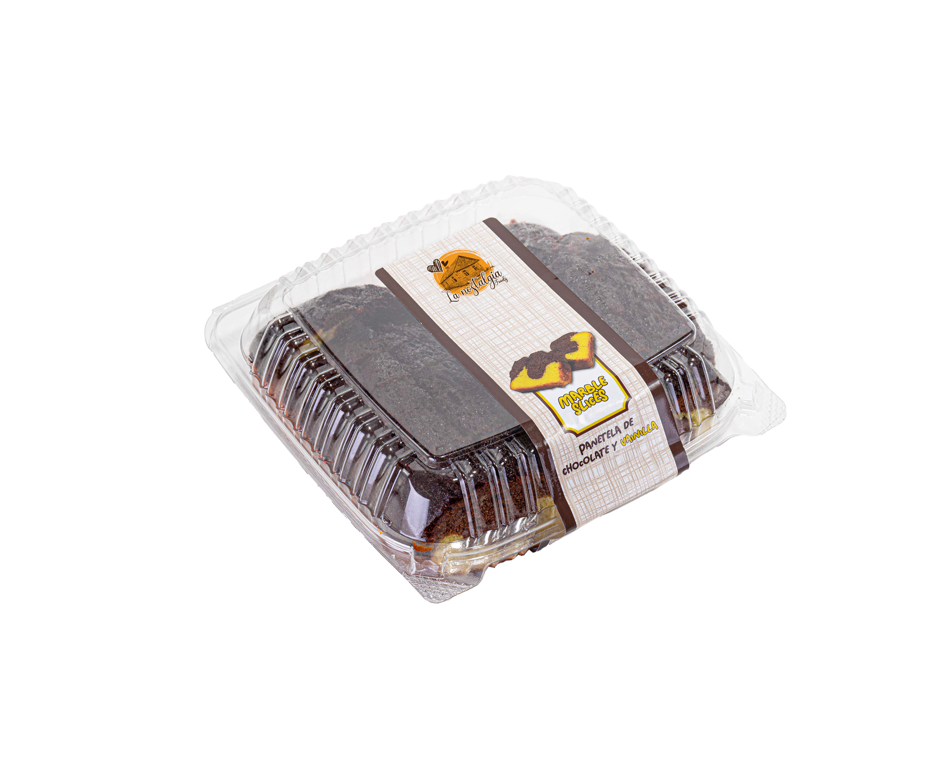 A piece of chocolate cake in a plastic container on a white background.
