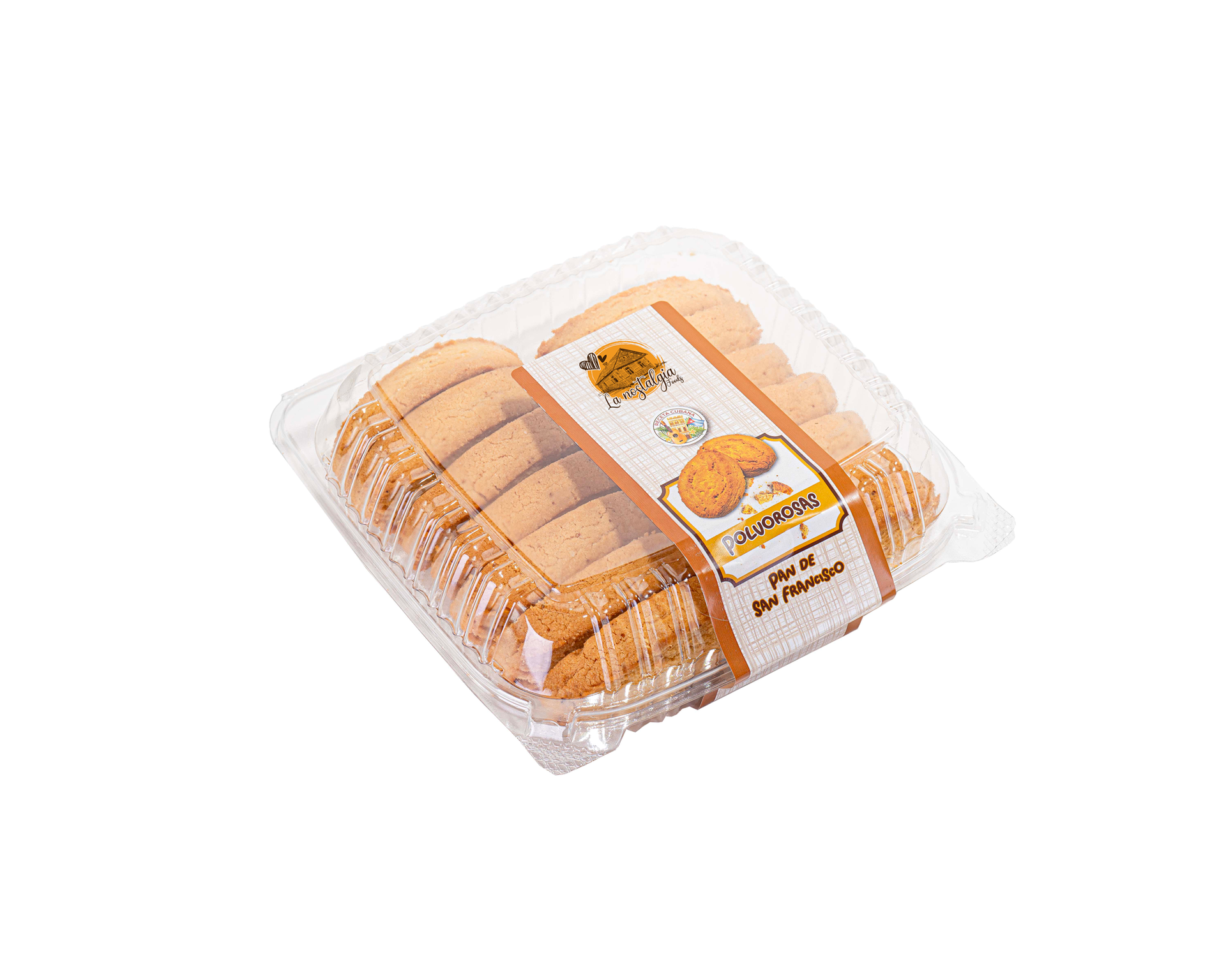 A plastic container filled with cookies on a white background.