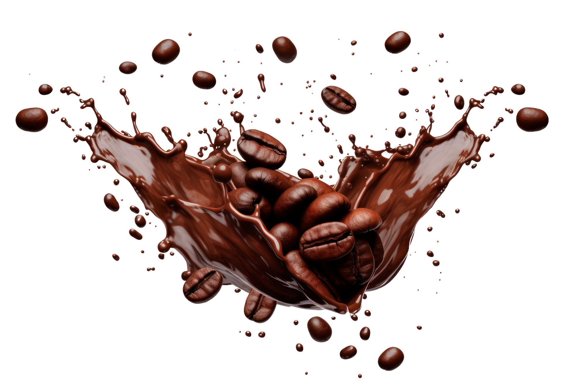 A splash of chocolate and coffee beans on a white background.