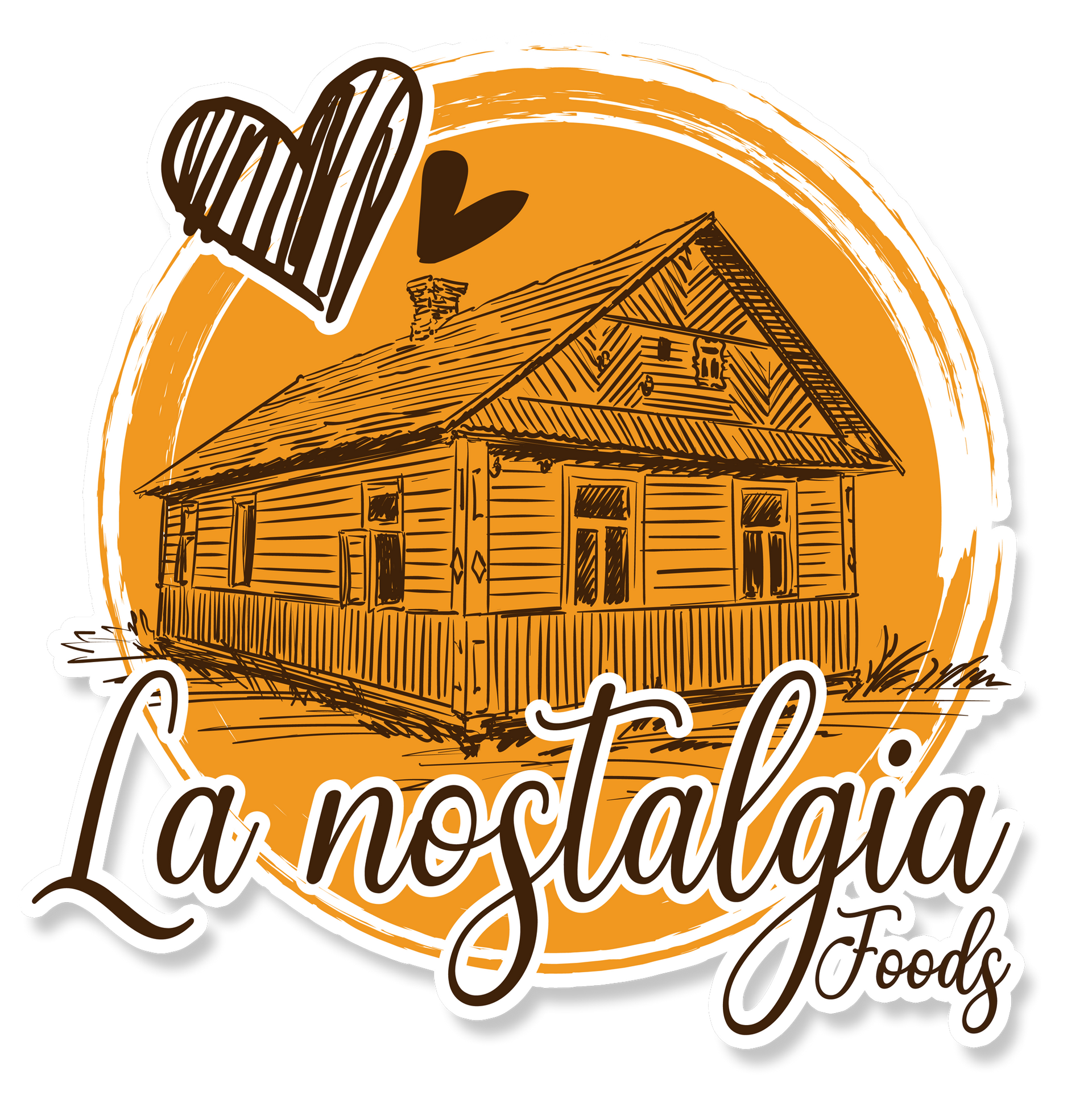 A logo for la nostalgia foods with a wooden house and a heart.