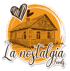 A logo for la nostalgia foods with a wooden house and a heart.