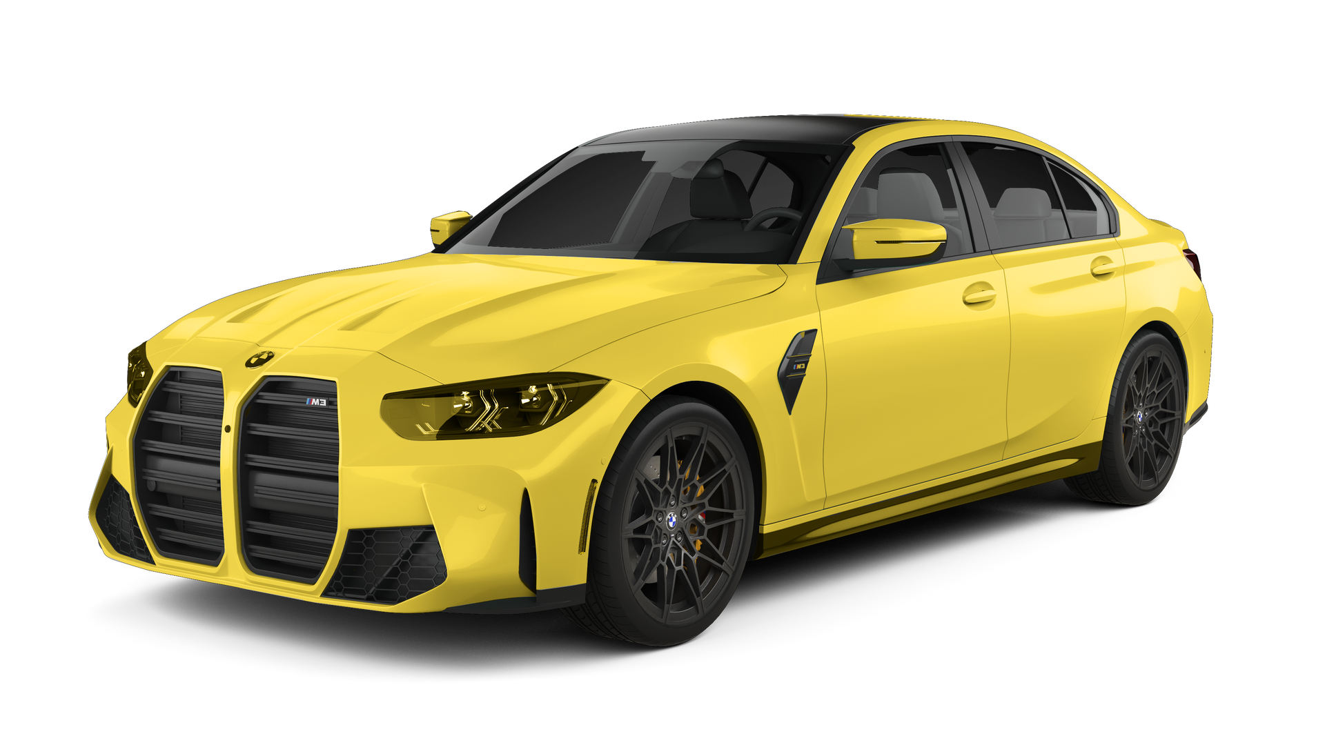 A yellow bmw m8 is shown on a white background.