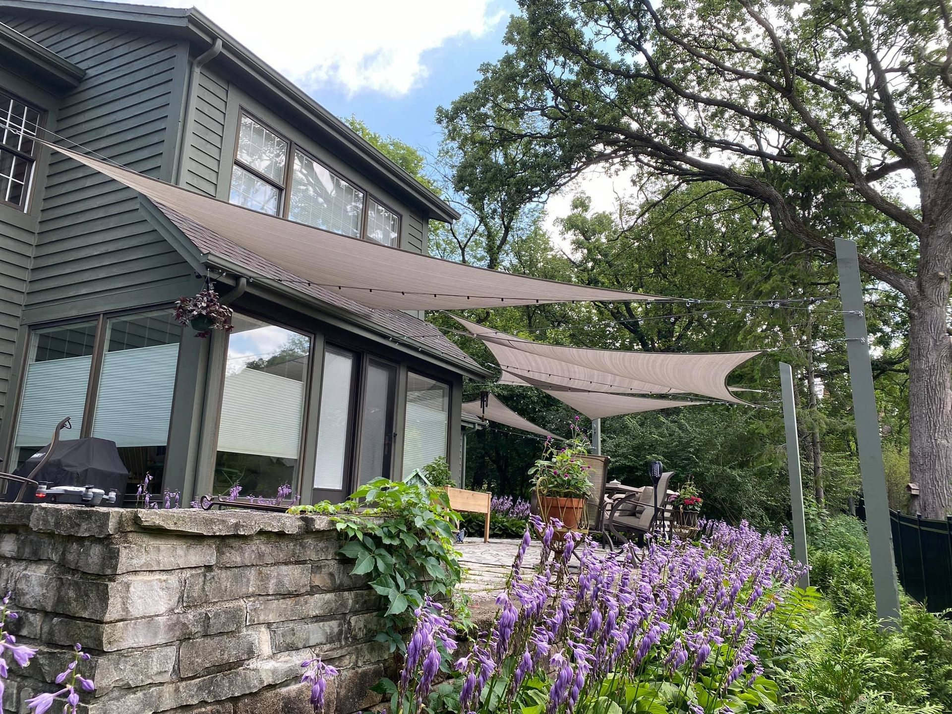 Beige shade sails over a stone patio, with a green house and blooming purple flowers.