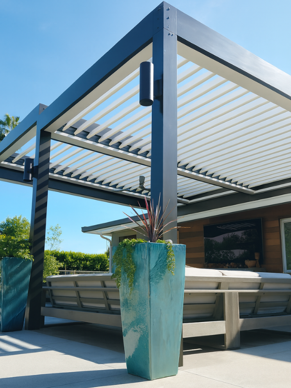 Patio with pergola, teal planter, and outdoor seating under a blue sky.