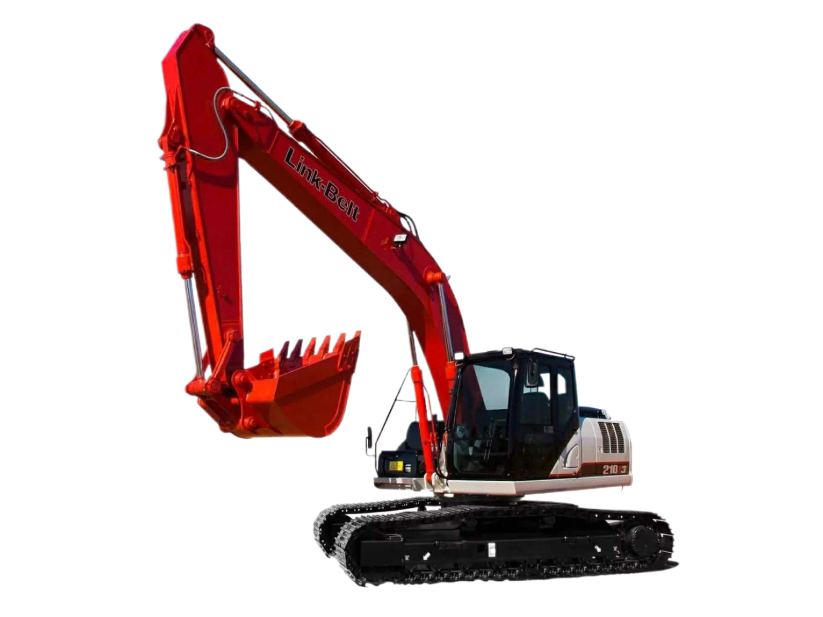 Red and black excavator on tracks, bucket extended.