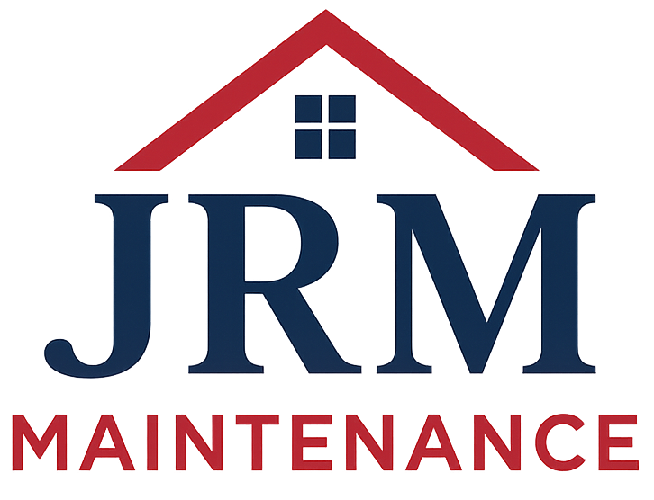 JRM Maintenance logo: Red roof over navy blue "JRM" and red "MAINTENANCE."