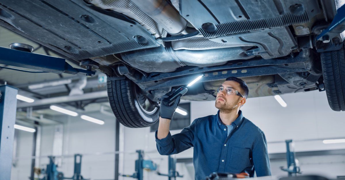 A man stands under a vehicle and uses a flashlight to look at its undercarriage.