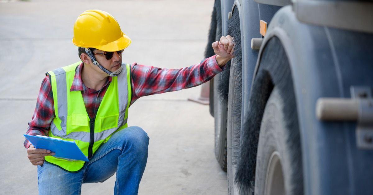 A person holding a clipboard kneels and inspect the tires of a large truck.