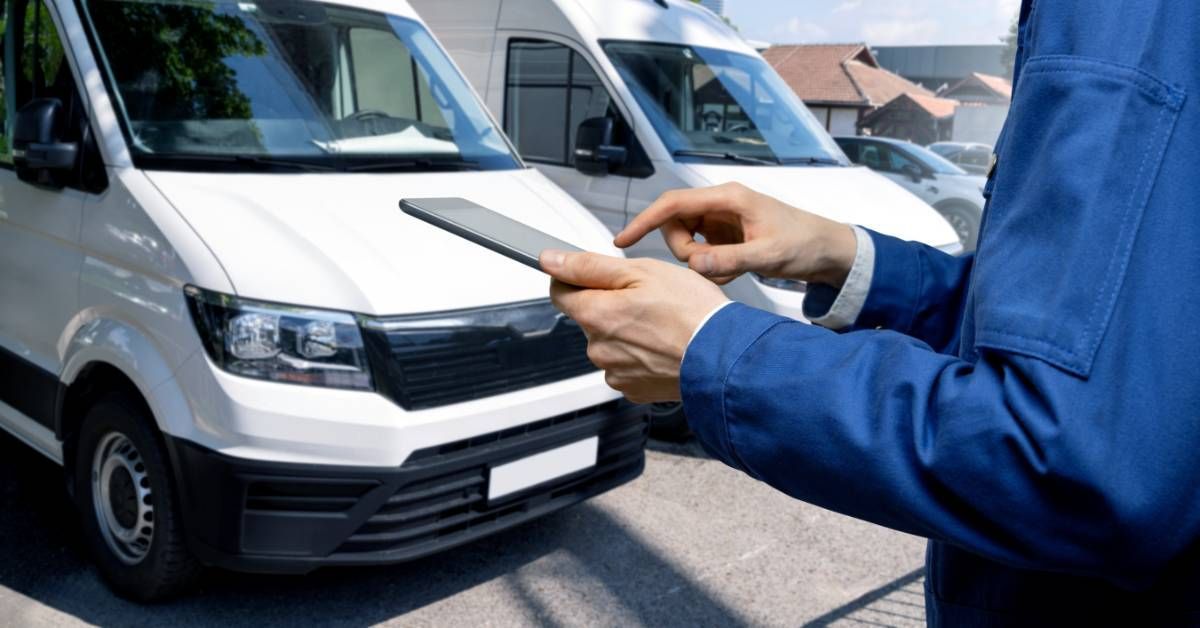 Manager holds a tablet while white vans line up behind in a parking lot.