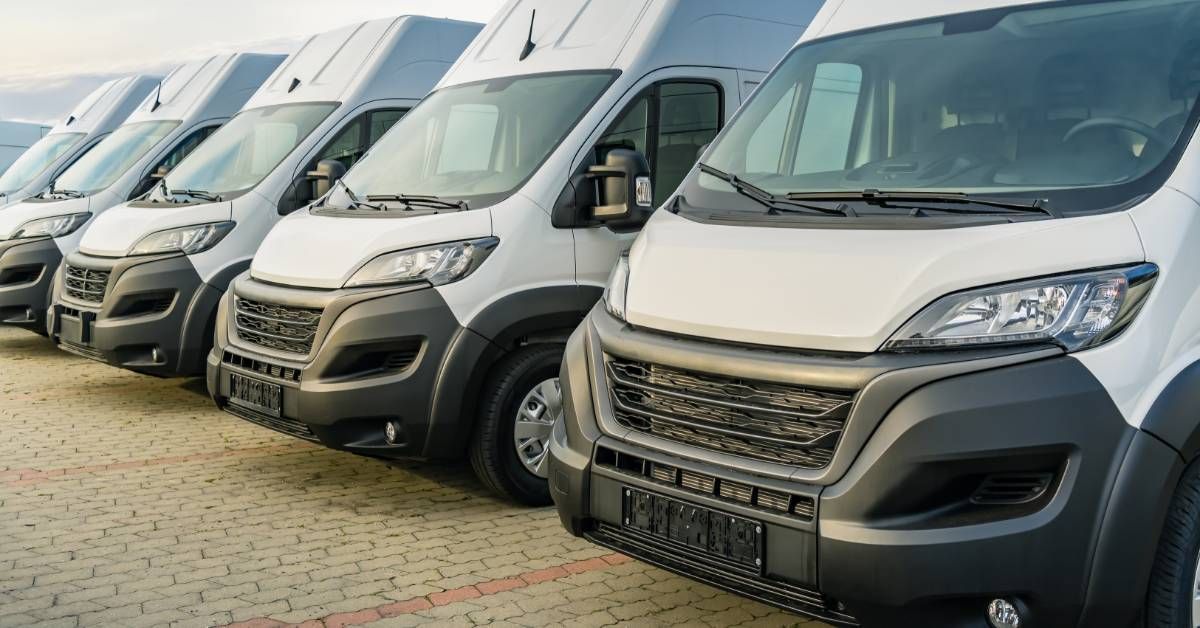 White commercial delivery vans lined up, ready for daily delivery routes.