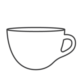 A line drawing of a cup of coffee on a white background.