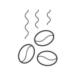 A line drawing of three coffee beans with steam coming out of them.