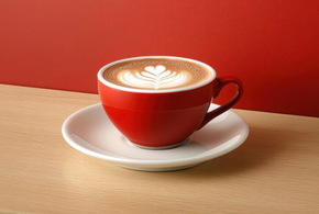 A red cup of cappuccino on a saucer on a wooden table.