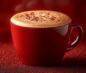 A red cup of cappuccino is sitting on a red surface