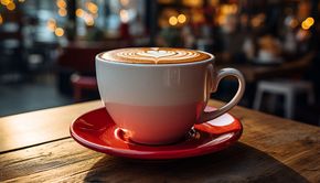A cup of cappuccino is sitting on a red saucer on a wooden table.