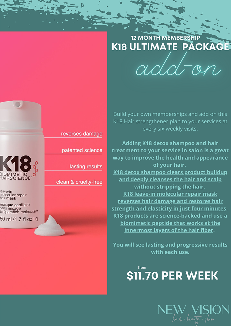 A bottle of k18 ultimate package add on is on a pink and blue background.