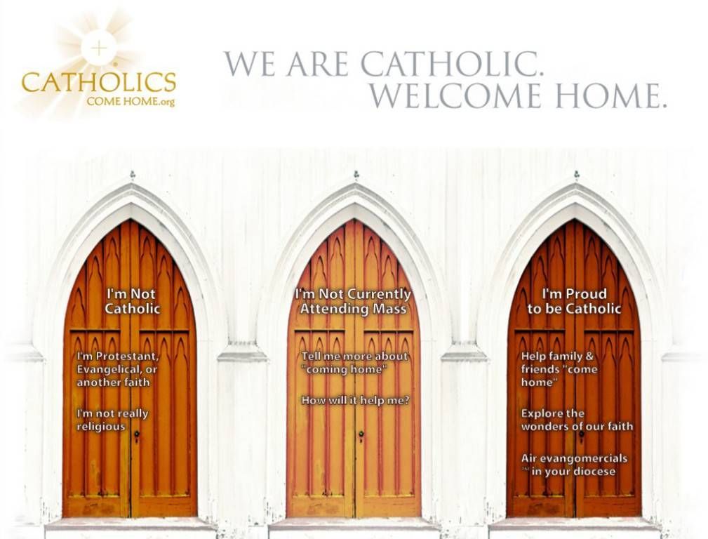 An image of three doors labeled I'm Not Catholic, I'm not Currently Attending Mass, and I'm Proud to be Catholic. Linked to catholicscomehome.org.