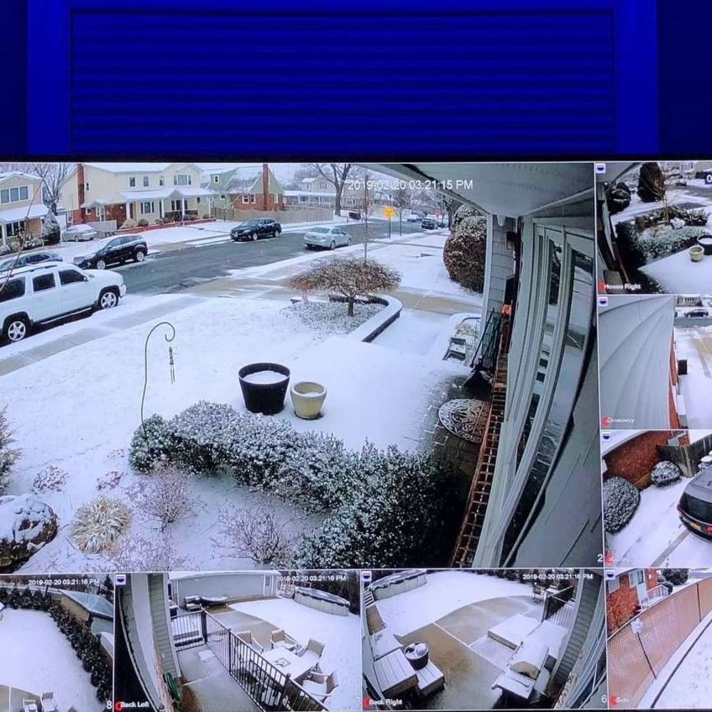 A collage of four pictures of a snowy yard