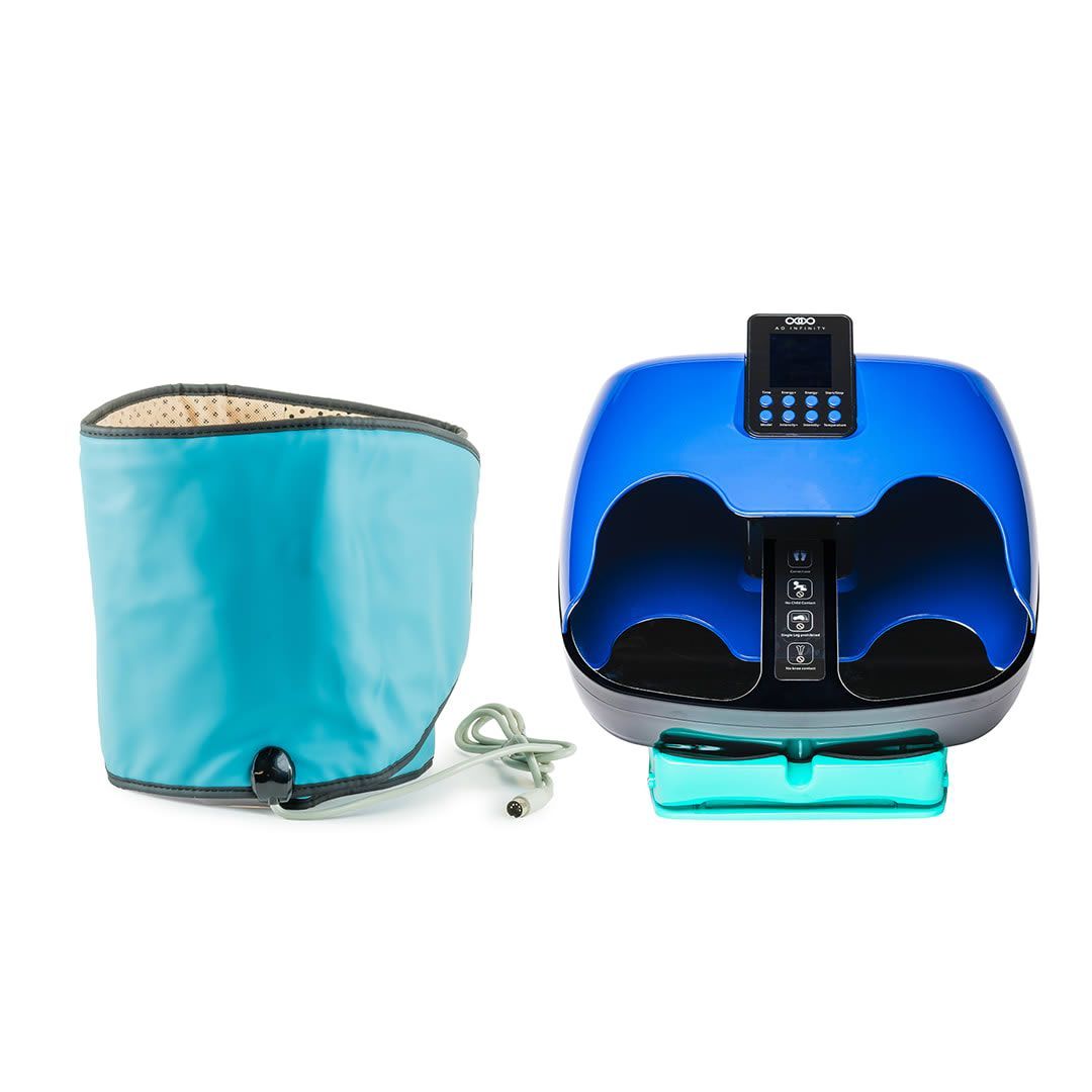 Blue foot massager with a teal wrap and a silver hook.