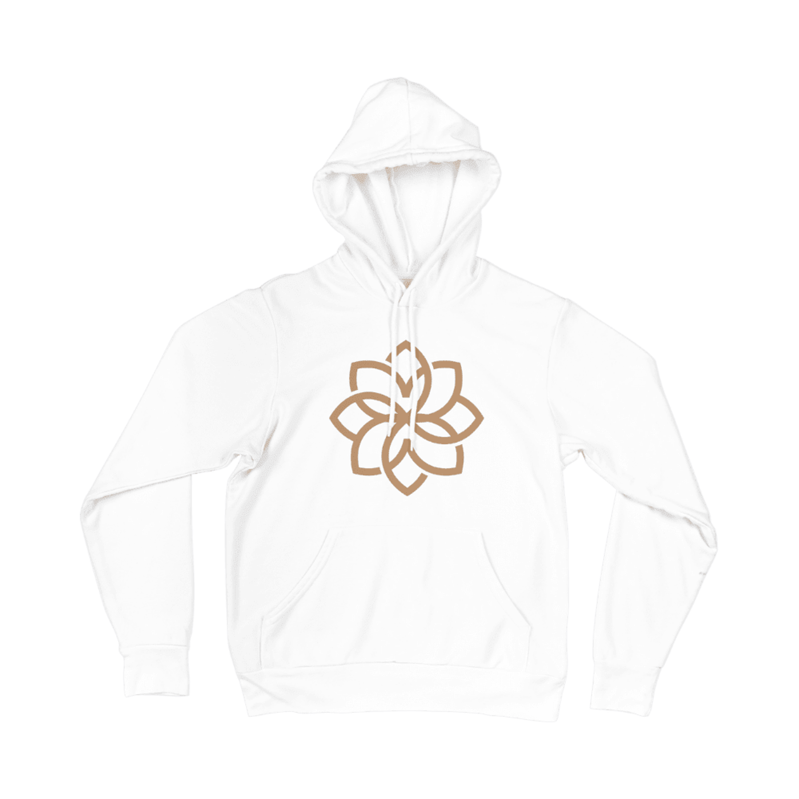 White hoodie with a tan floral design in the center.
