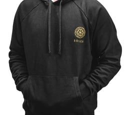 Black hoodie with a gold logo on the chest.