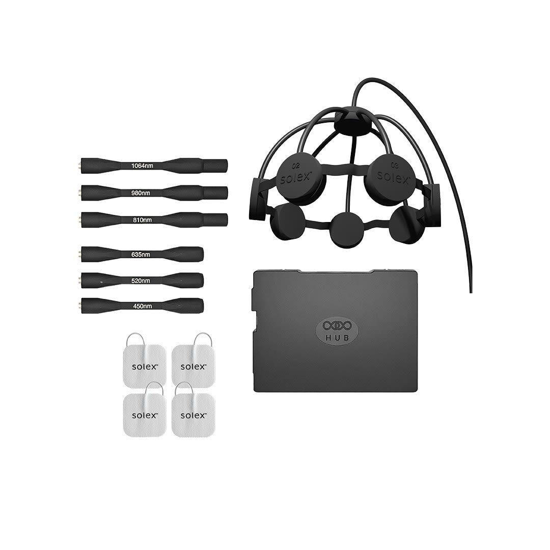 Black EEG device and accessories: headset, electrodes, and carrying case.
