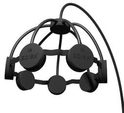 Black Solex transcranial direct current stimulation (tDCS) device for the head with attached wire.
