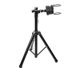 Black tripod stand with a spotlight fixture attached, against a white background.