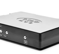 Black and silver audio hub with the brand name