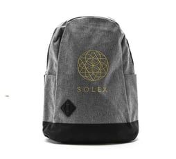 Gray backpack with black bottom, gold SOLEX logo and geometric symbol.