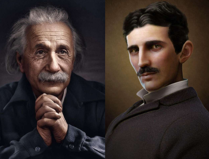 Albert Einstein and Nikola Tesla, side-by-side portraits. Einstein has white hair, mustache. Tesla has dark hair, mustache.