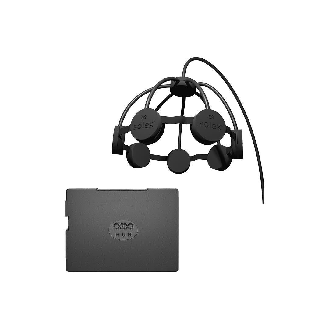 Black EEG headset and a matching black box, likely for brainwave analysis.