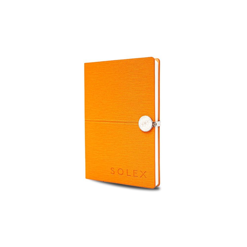 Orange journal with silver closure and "SOLEX" branding.