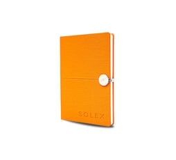 Orange SOLEX notebook with a silver clasp, isolated on white.