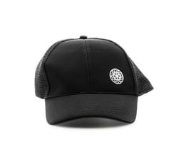 Black trucker hat with a white circular logo on the front.