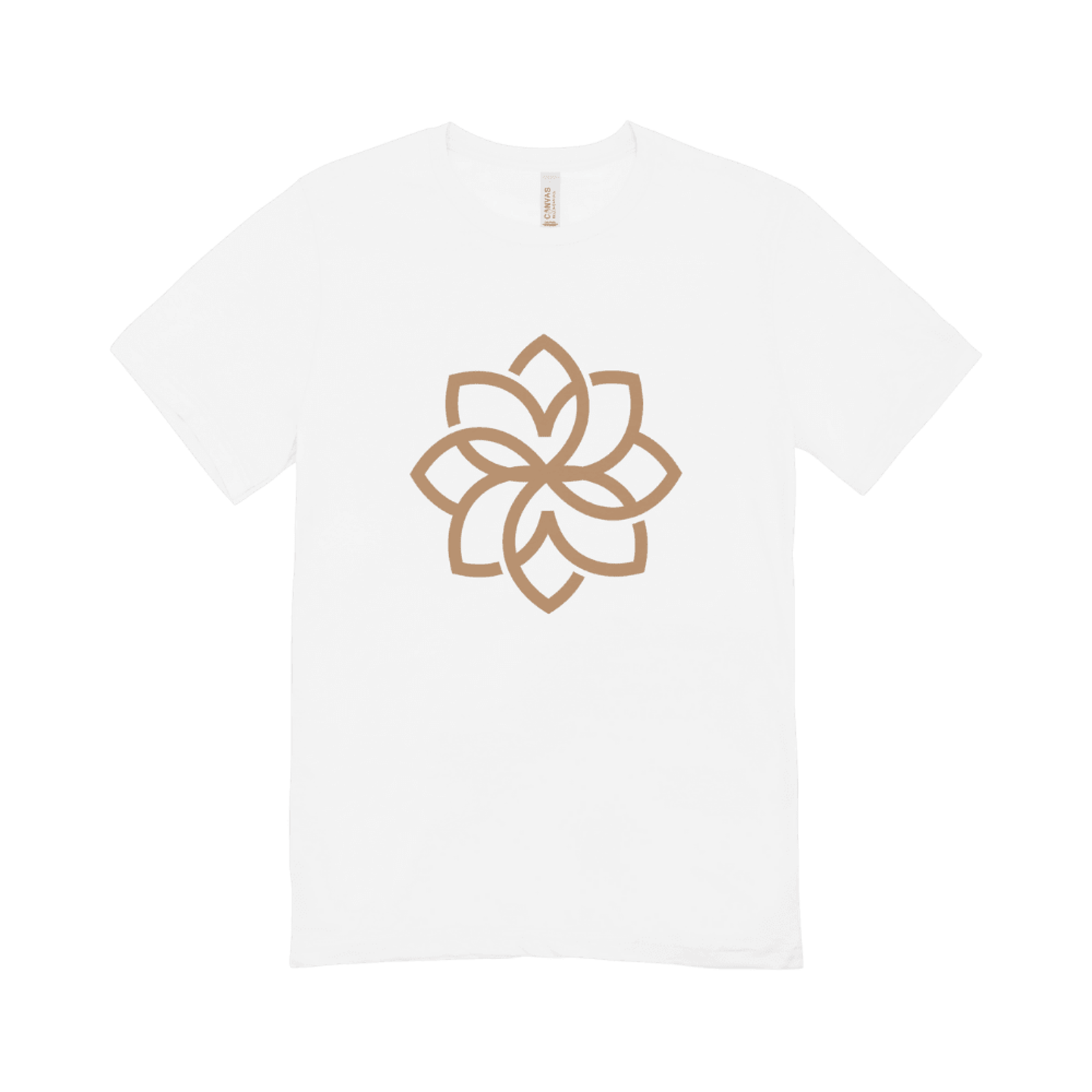 White t-shirt with a brown floral design in the center.
