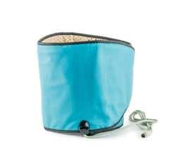 Blue insulated water bottle cover with a nozzle.