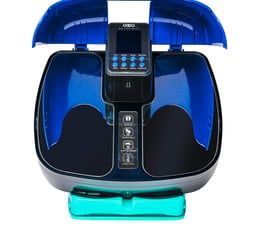 Blue and black foot spa with control panel and open lid.