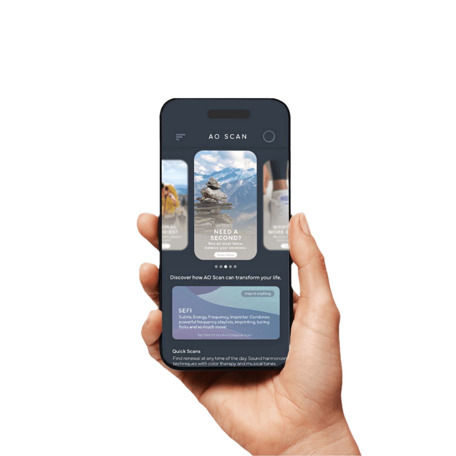 Hand holding a smartphone displaying an app with travel recommendations. Dark blue interface with photo cards of landscapes.
