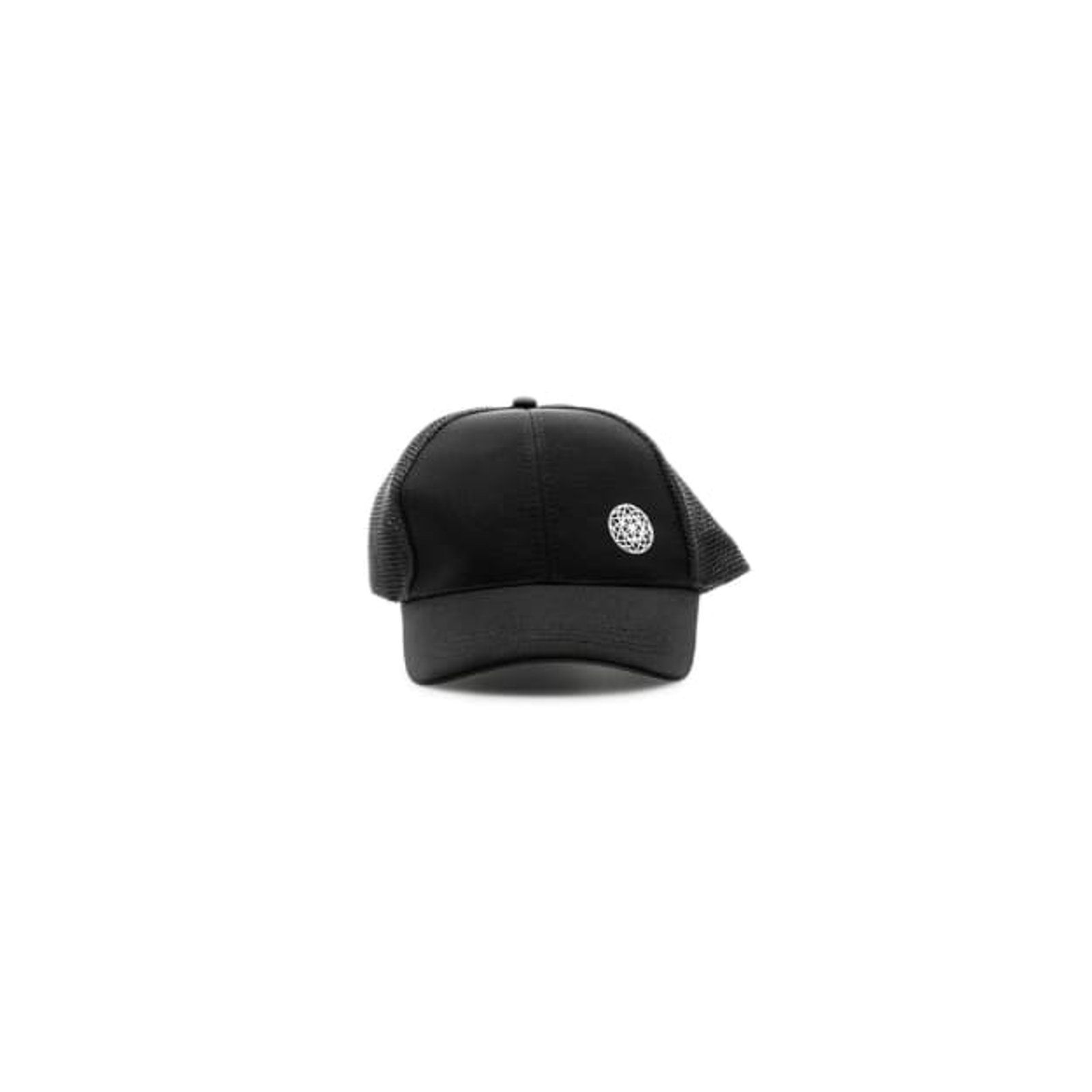 Black baseball cap with a small logo on the front.
