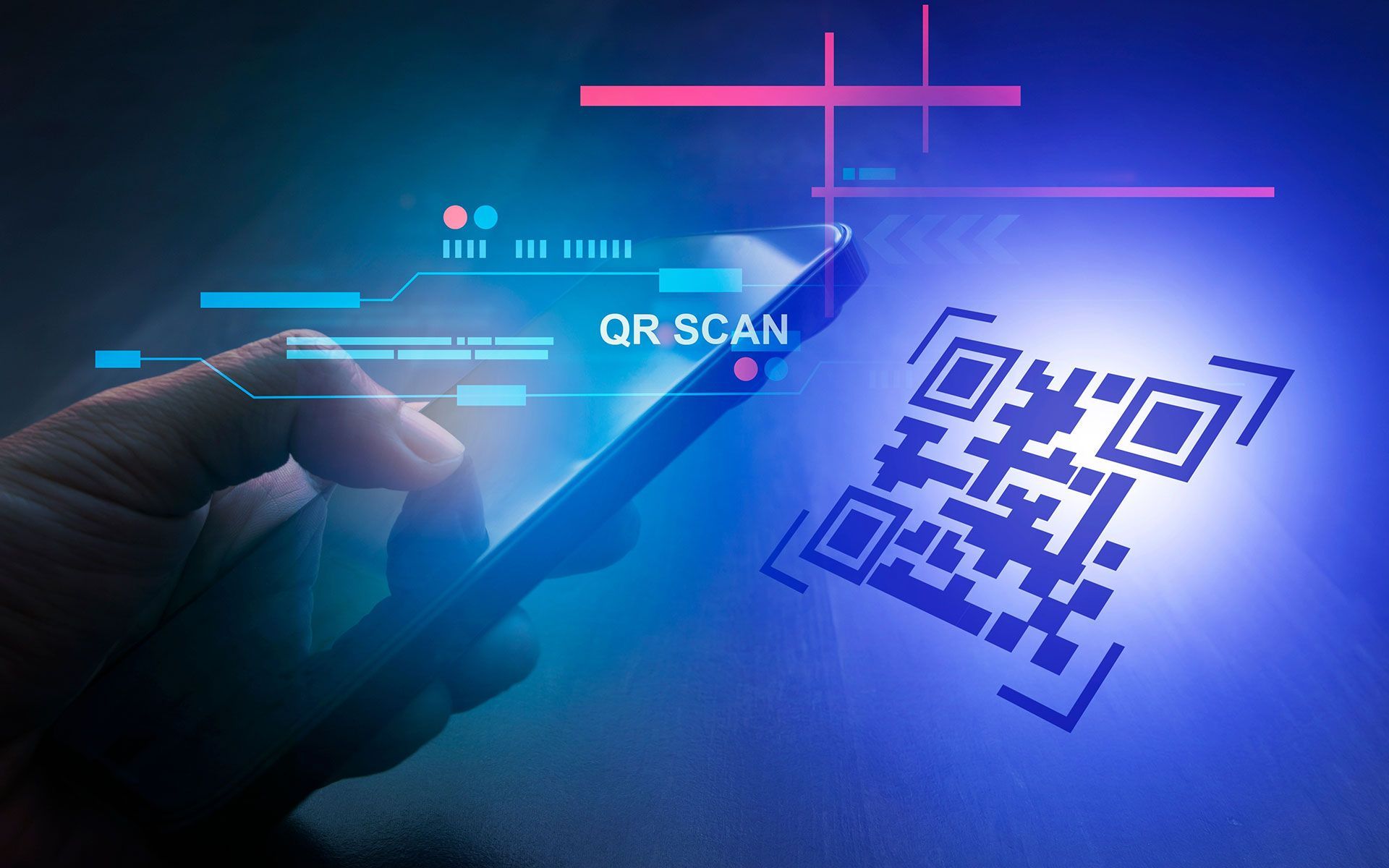 Hand holding phone scanning QR code with digital overlay.