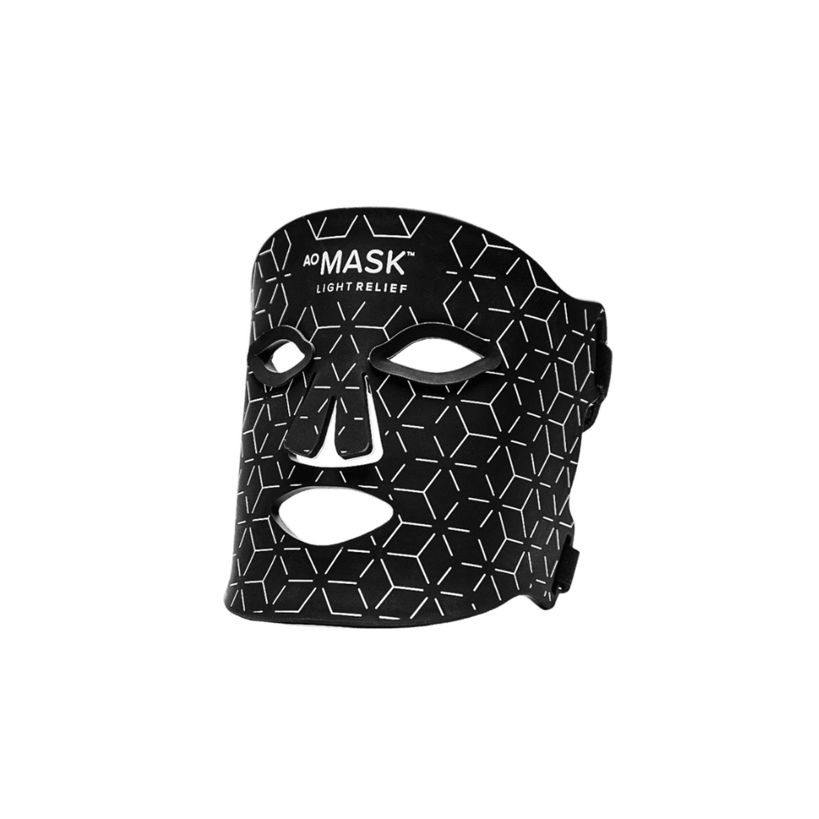 Black LED light therapy facial mask with geometric pattern.