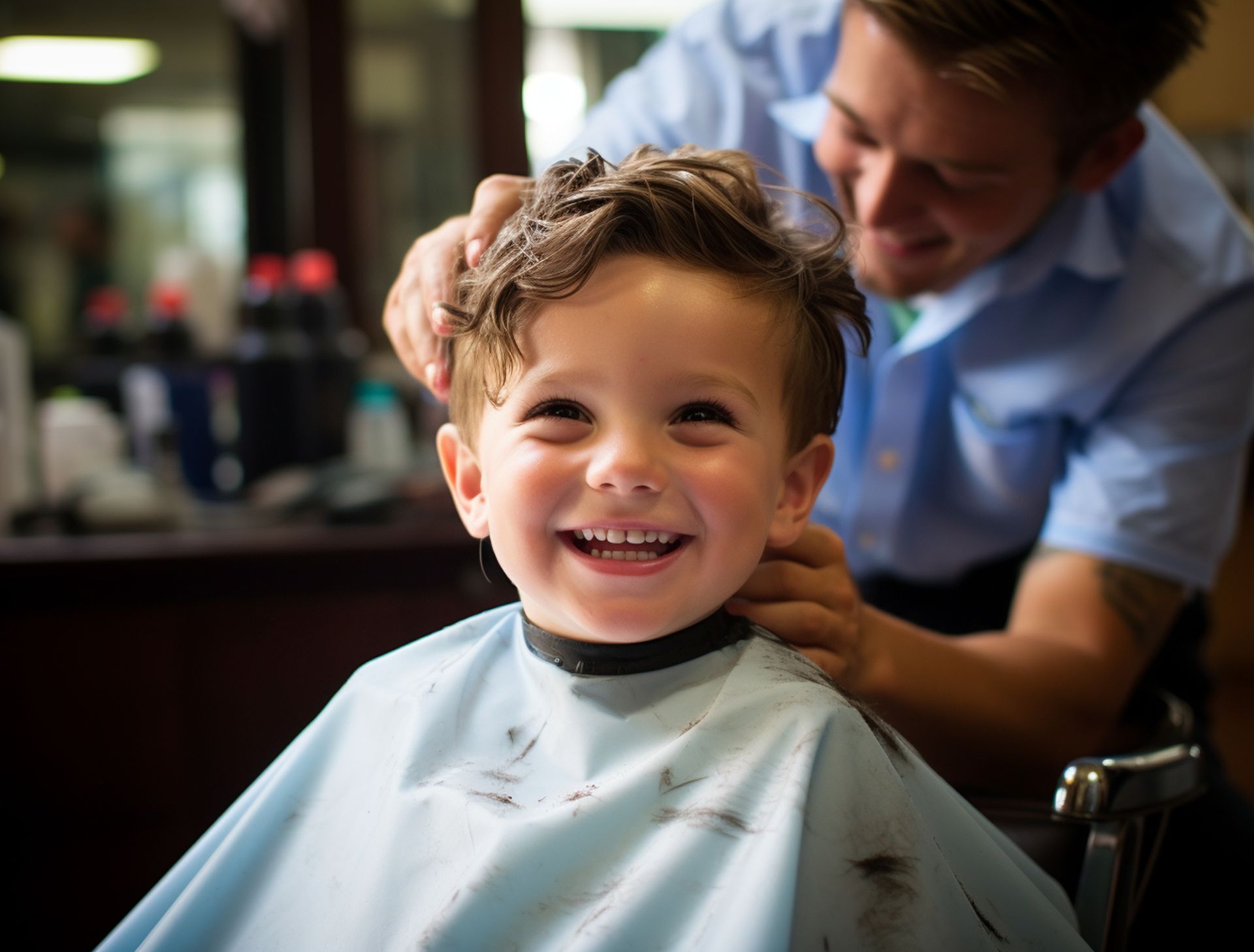 A young boy is getting his hair cut by a barber and smiling.