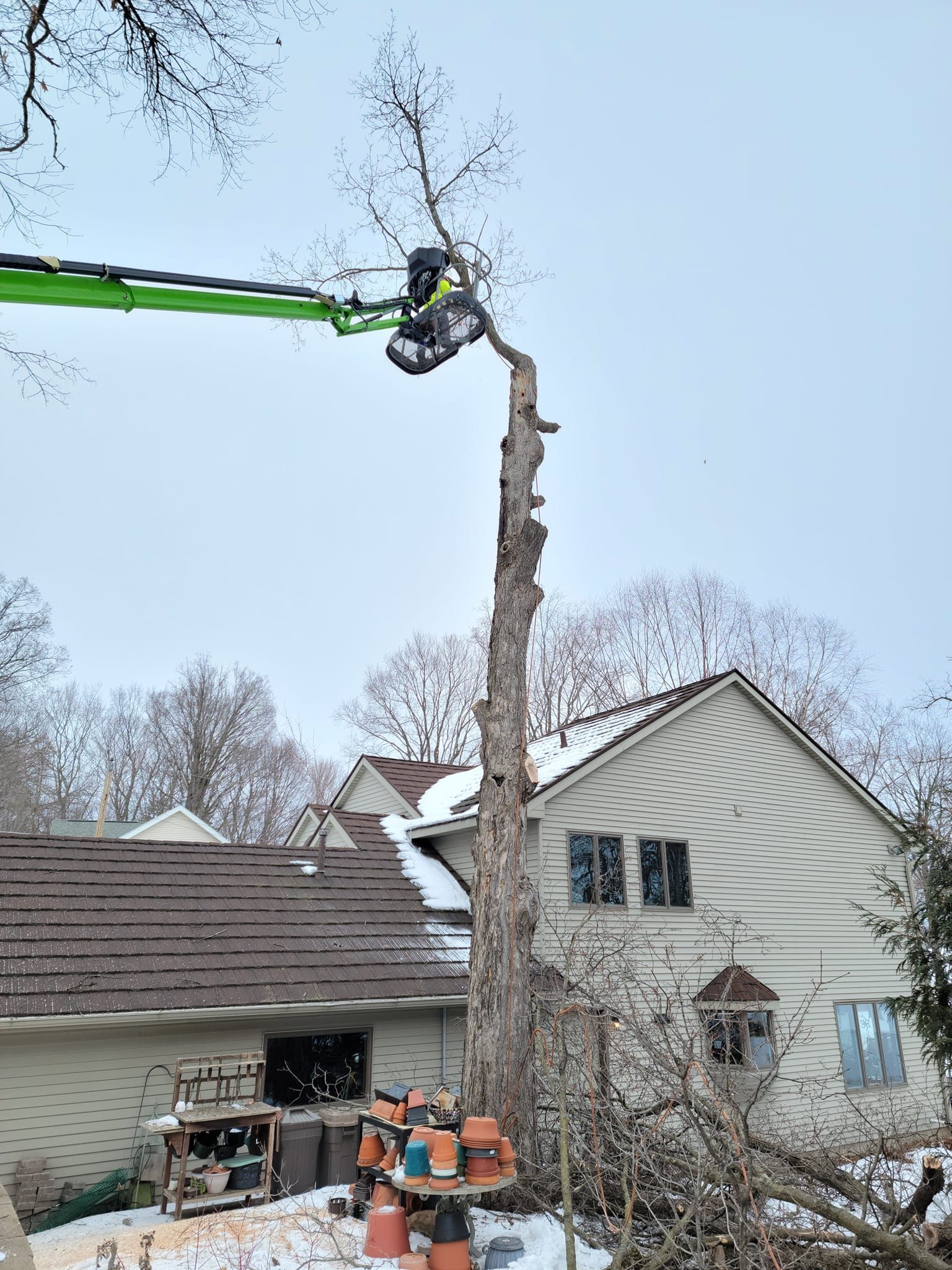 Tree removal: Arborist in green lift cuts down tall tree next to a house on a snowy day.