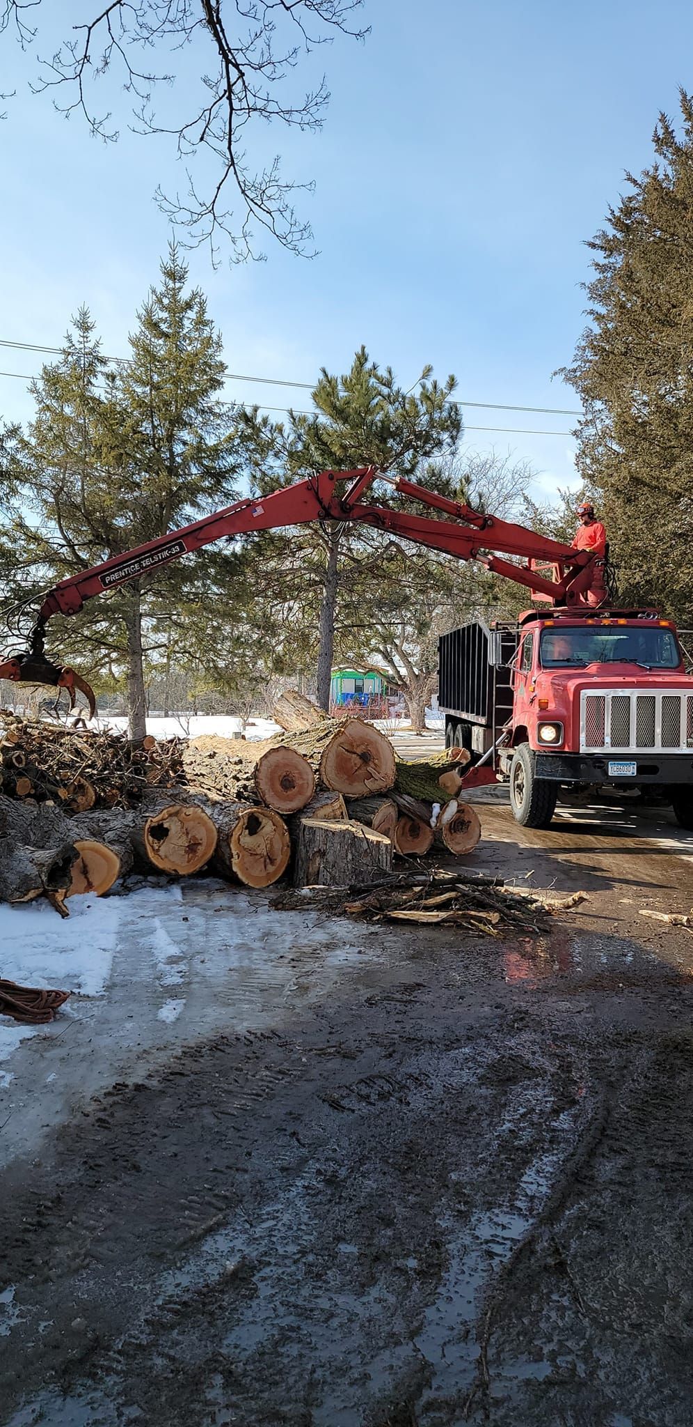 A red truck with a crane is loading logs on a snowy road, trees in the background.