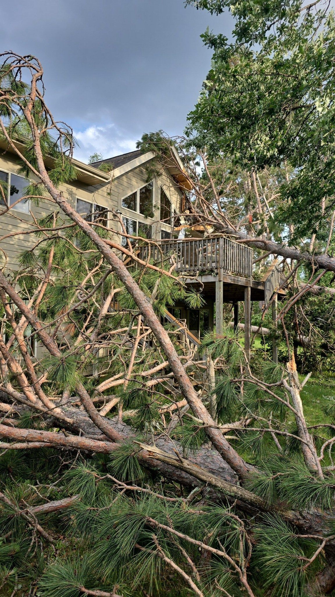 Fallen tree branches and debris on a deck and near a house; cloudy sky in the background.